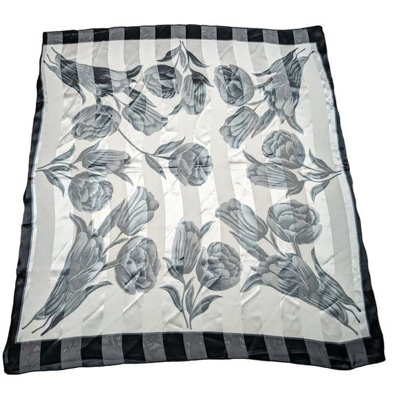 Black Gray White Stripe Floral Scarf Large Square Sheer 40 x 40.5 - Picture 1 of 10